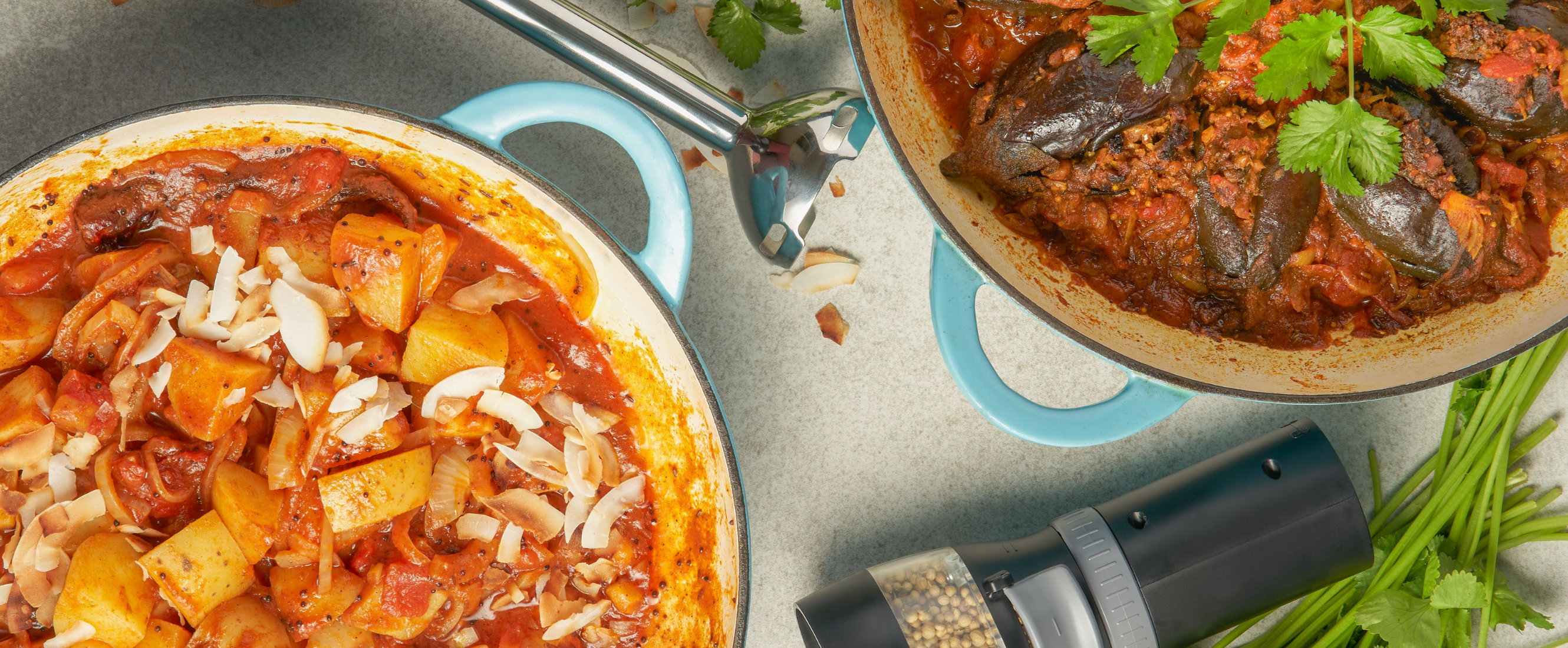 Grey, Black-and-decker kitchen wand with immersion blender and spice grinder attachment next to Potato Curry