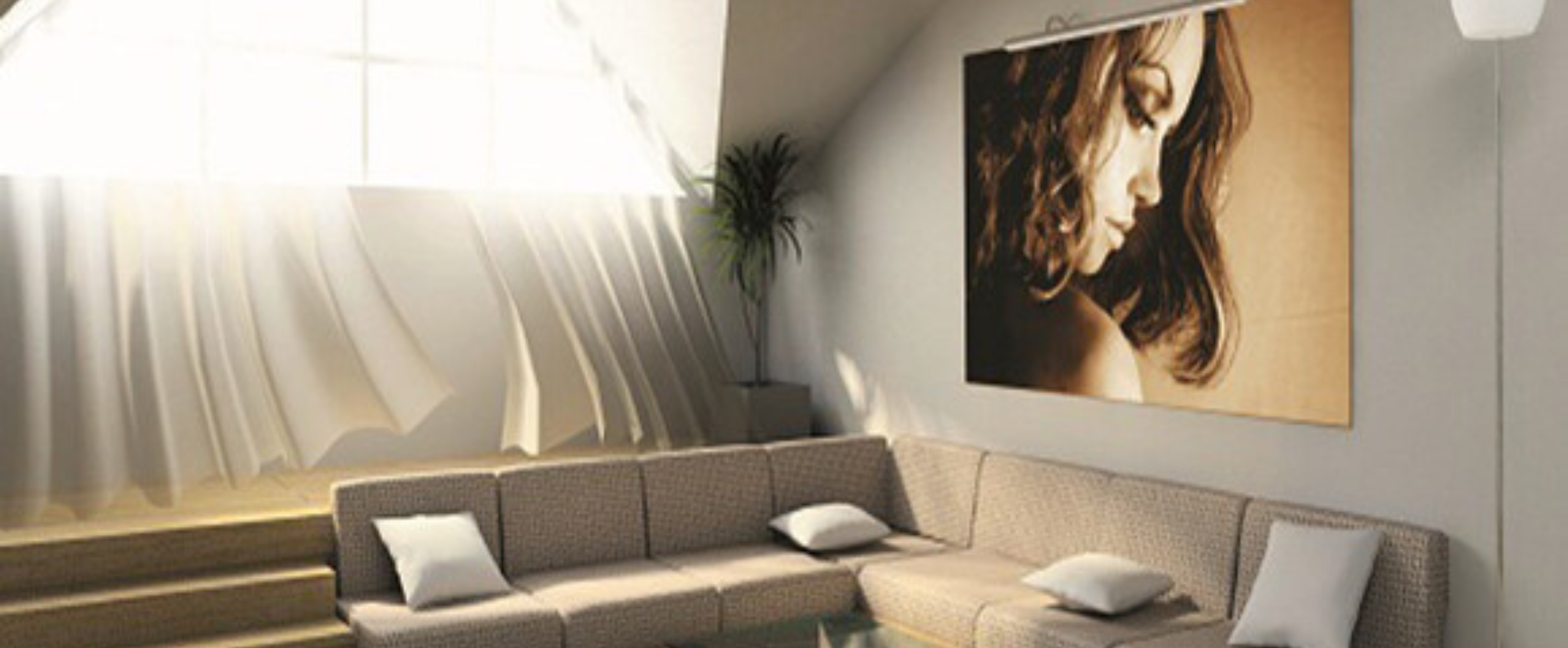 Large living room with a picture hung above a sectional couch