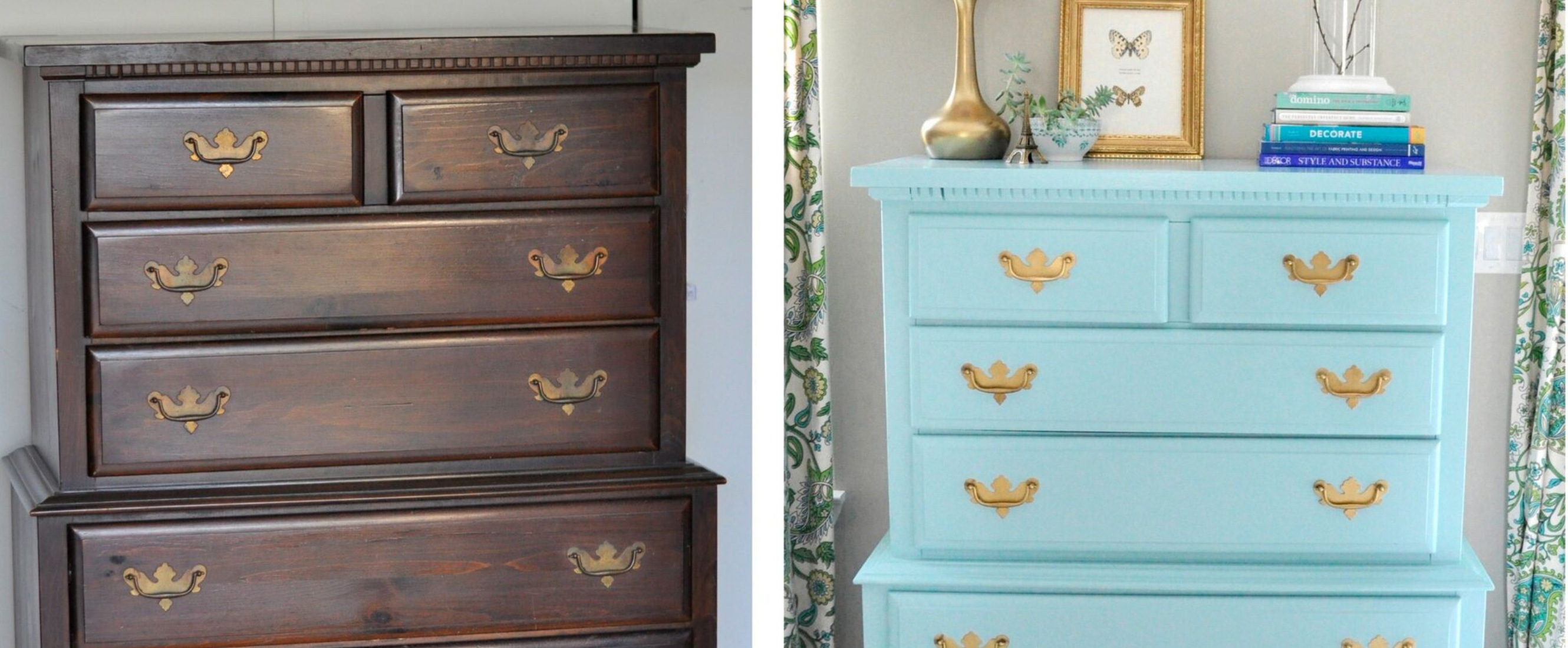 Before and after photo of a refurbished dresser