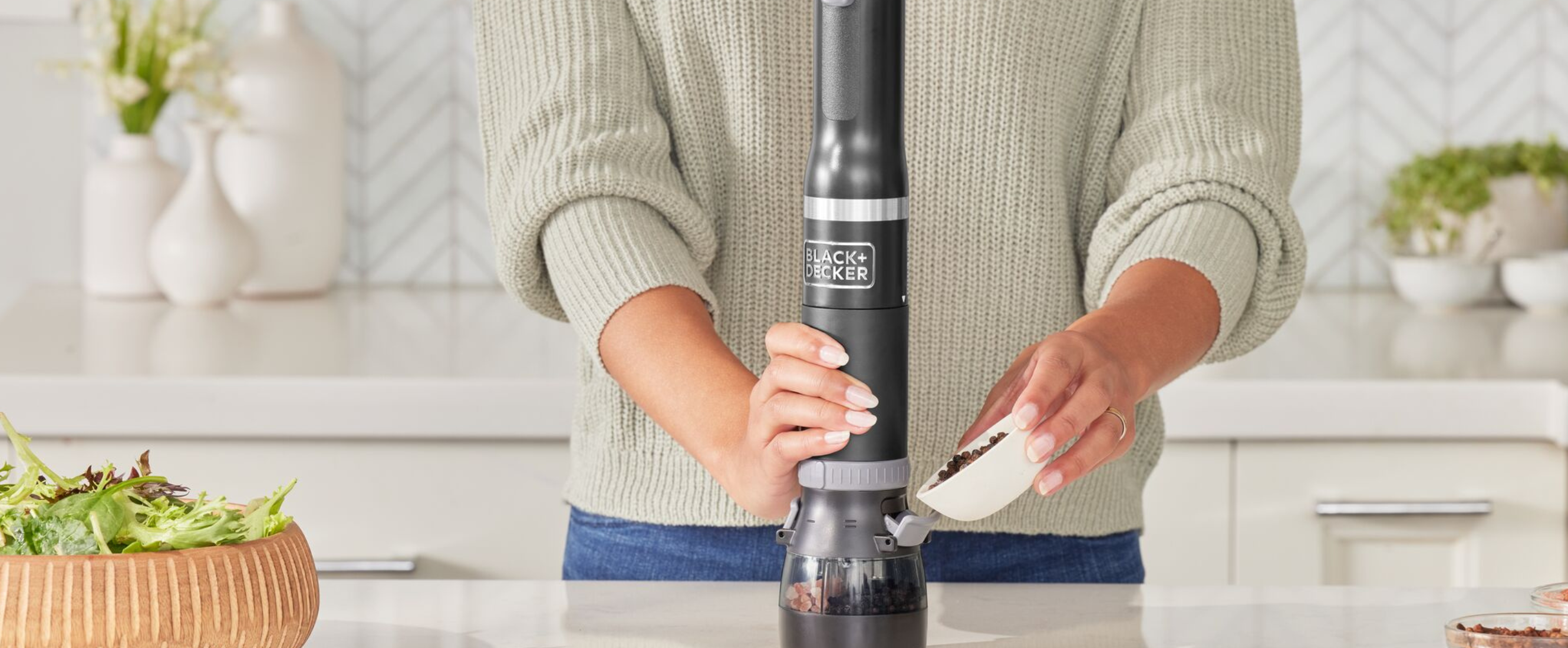 Talent adding peppercorns to the black, Black-and-decker kitchen wand spice grinder attachment