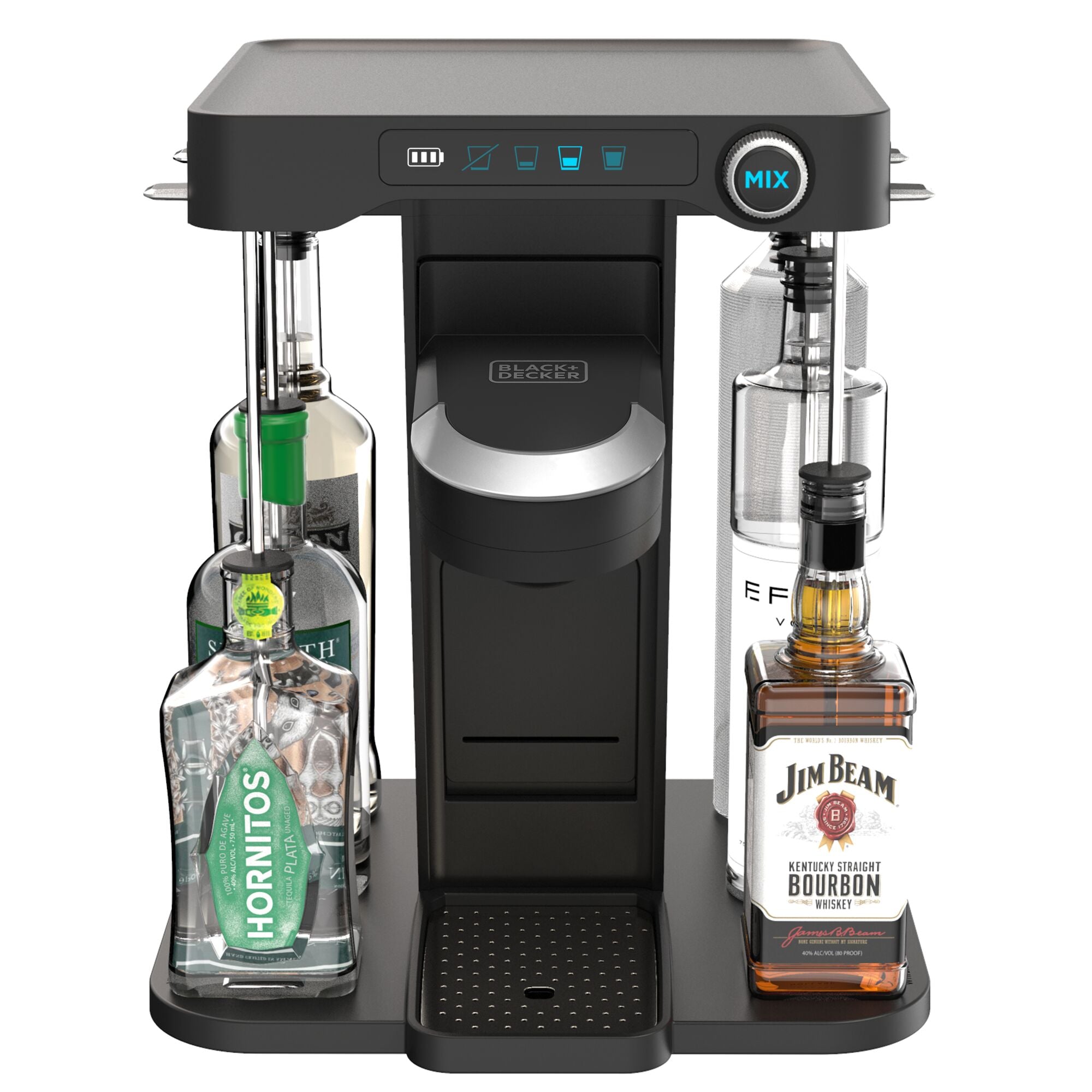 overhead view of bev by Black-and-decker(TM) cordless cocktail maker with Jim Beam brand liquor bottles