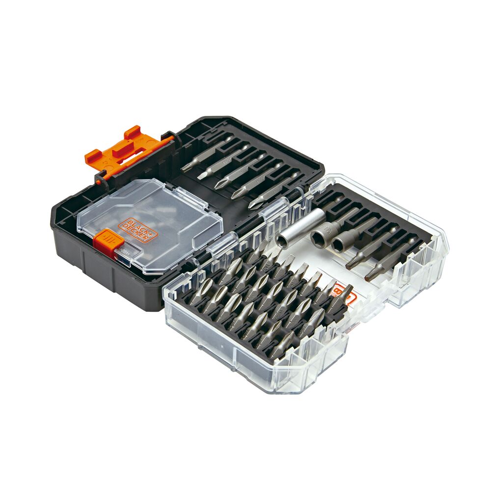 Close up of Black-and-decker 40 piece screwdriver set, showing open and closed compartments