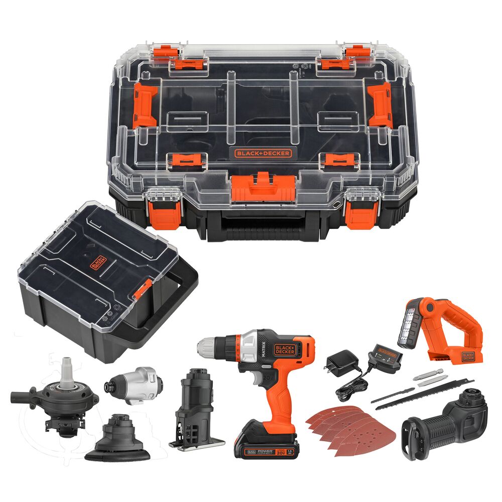 Black-and-decker 20V MAX* 6 ATTACHMENT MATRIX KIT featuring Drill/Driver, Impact Driver, Sander, Jigsaw, Reciprocating  Saw and Inflator Attachments