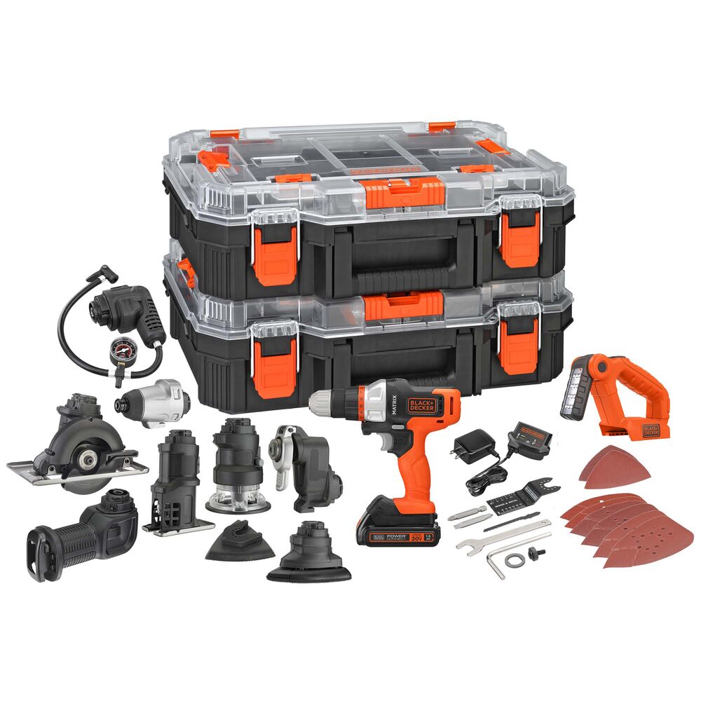 Black-and-decker 20V MAX* 10 ATTACHMENT MATRIX KIT featuring Drill/Driver, Impact Driver, Sander, Jigsaw, Reciprocating  Saw, Trim Saw, Oscillating Multi-Tool, Router and Inflator Attachments, LED Work Light, 2 Stackable storage cases and Accessories