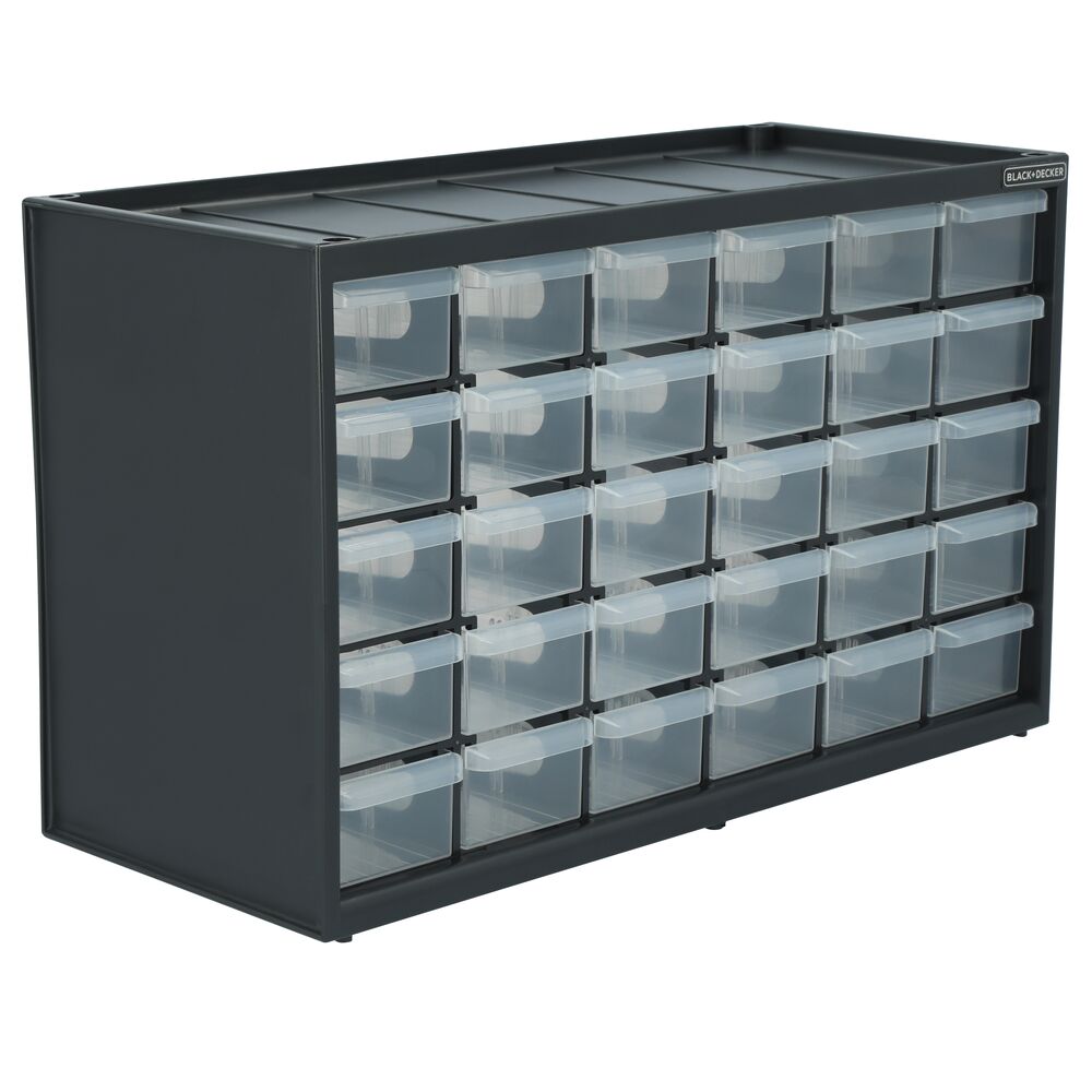 Close up image of Black-and-decker 30-Drawer Black Bin Organizer System angled to face the right