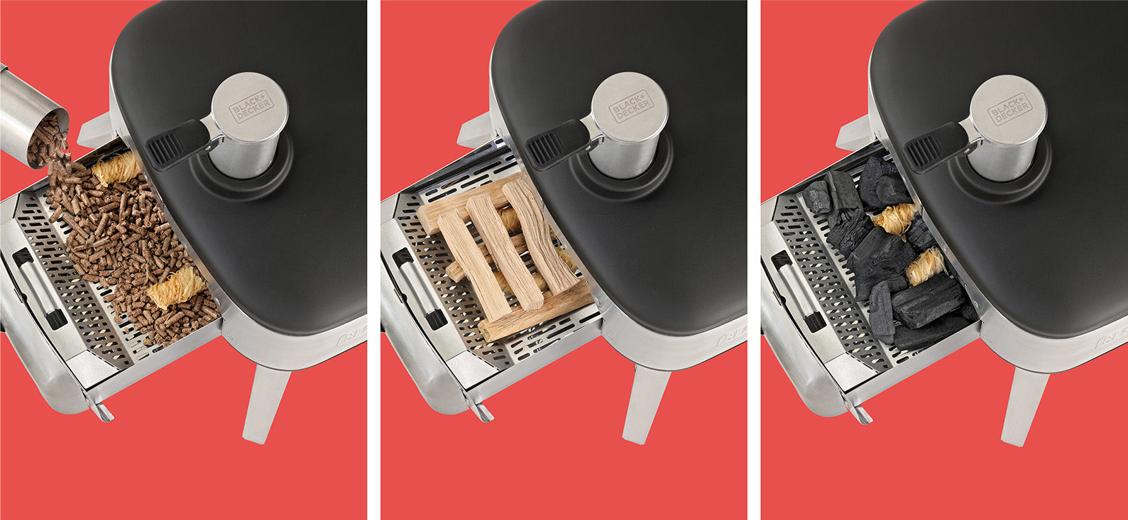 Close up of the Black-and-decker vera™ 12" Pizza Oven fuel box with 3 options to use it including pellets, wood or charcoal
