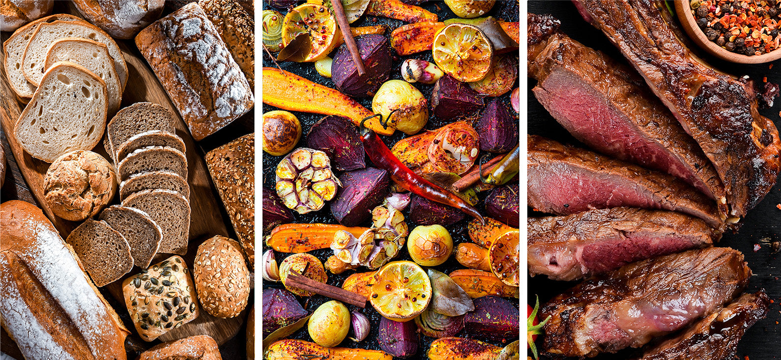 Close up images of baked bread, grilled veggies and cooked steak