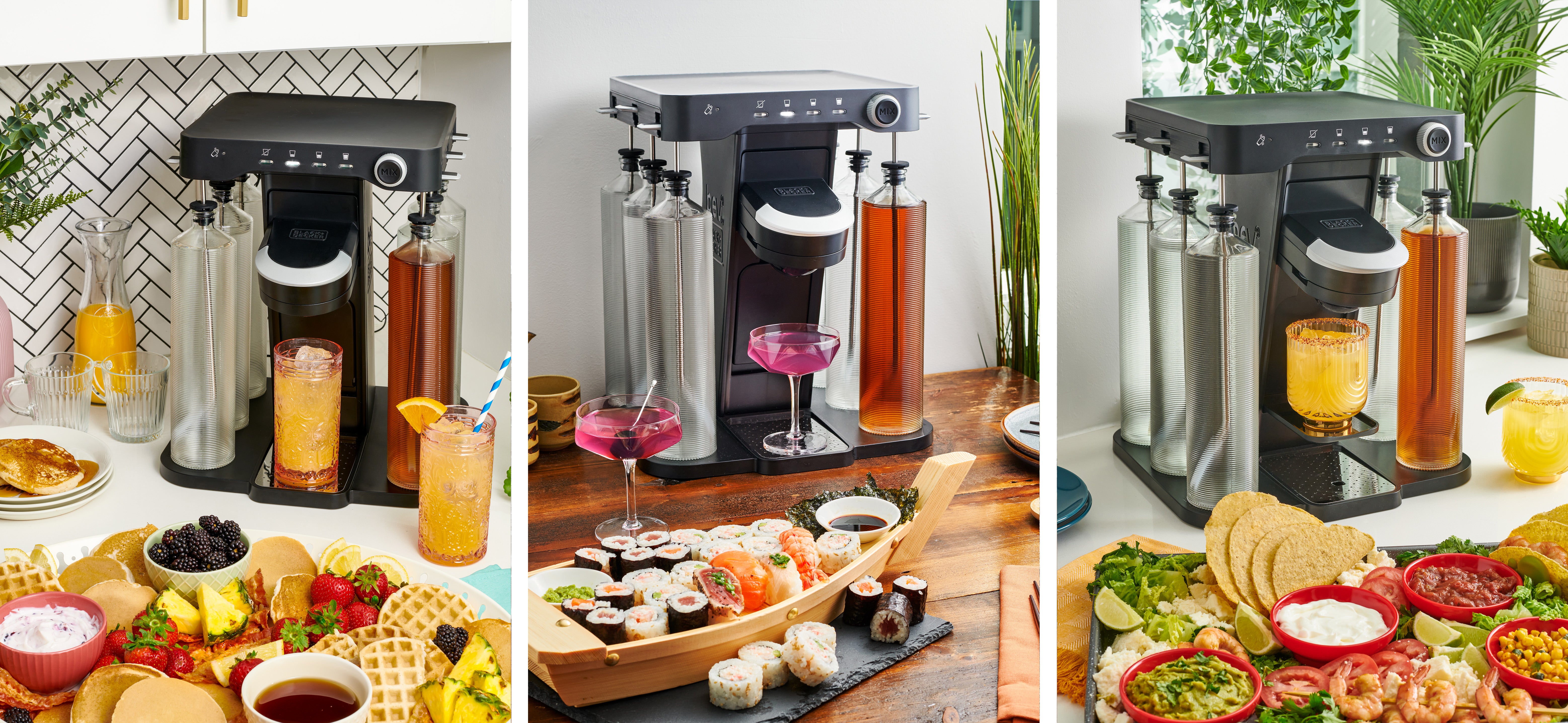 bev by Black and Decker cocktail maker set up with drinks and assorted food around it