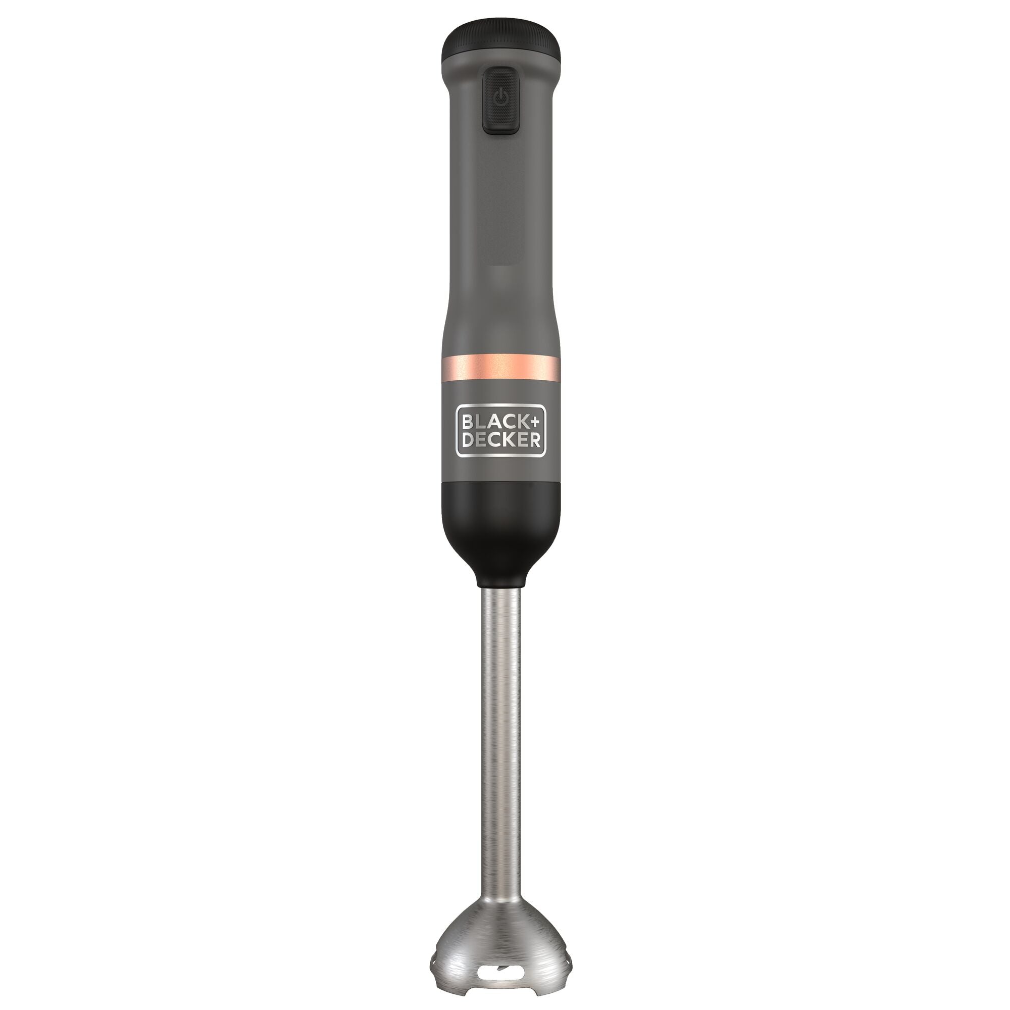 Front view of the grey, Black-and-decker kitchen wand with immersion blender attached