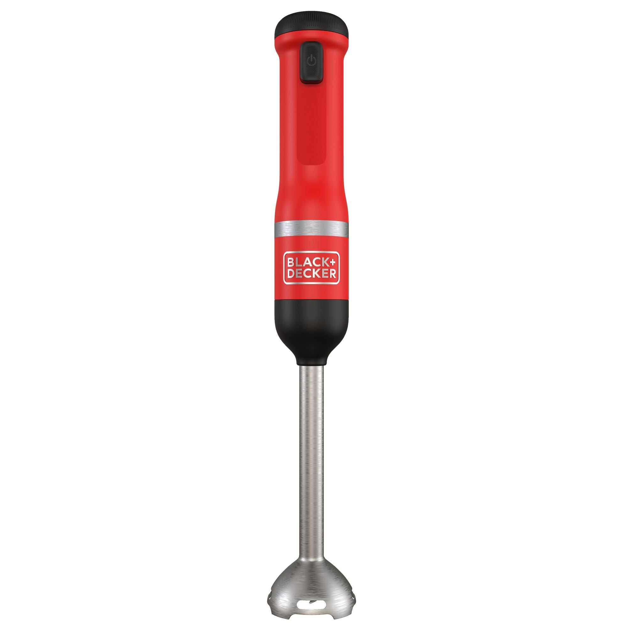 Front view of the red, Black-and-decker kitchen wand with immersion blender attached