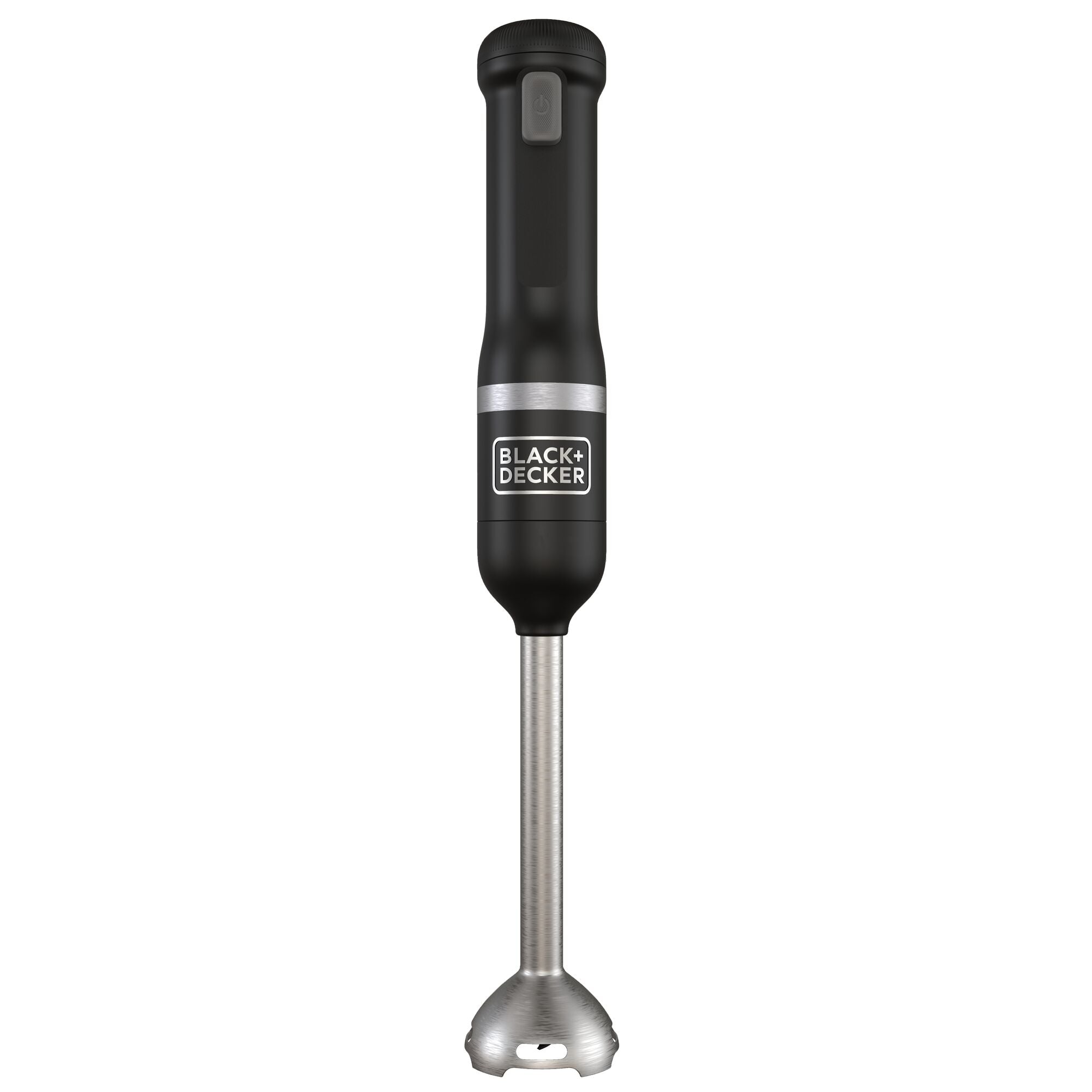 Front view of the black, Black-and-decker kitchen wand with immersion blender attached