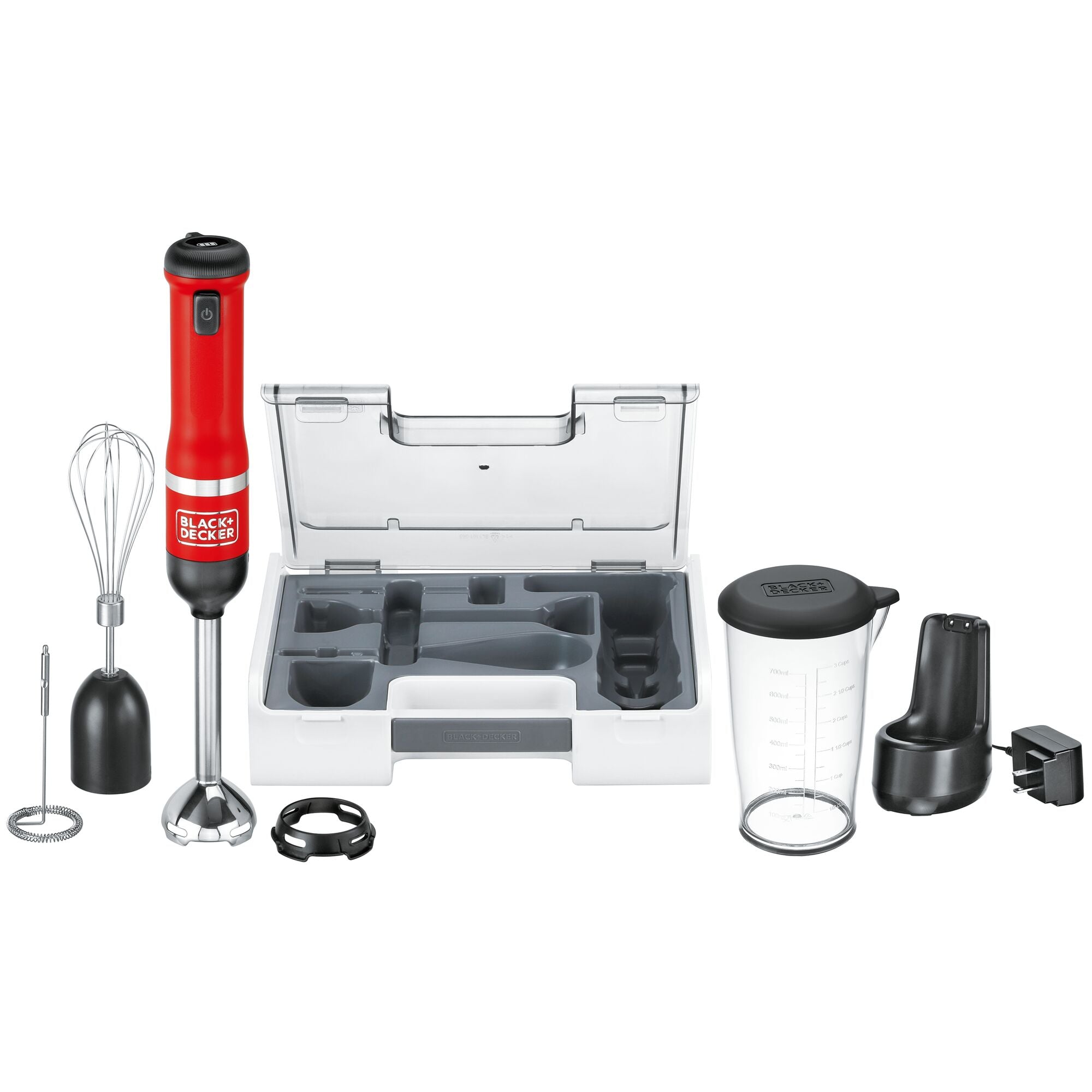 Front view of Black-and-decker kitchen wand 3in1 Cordless Kitchen multi-tool kit in red