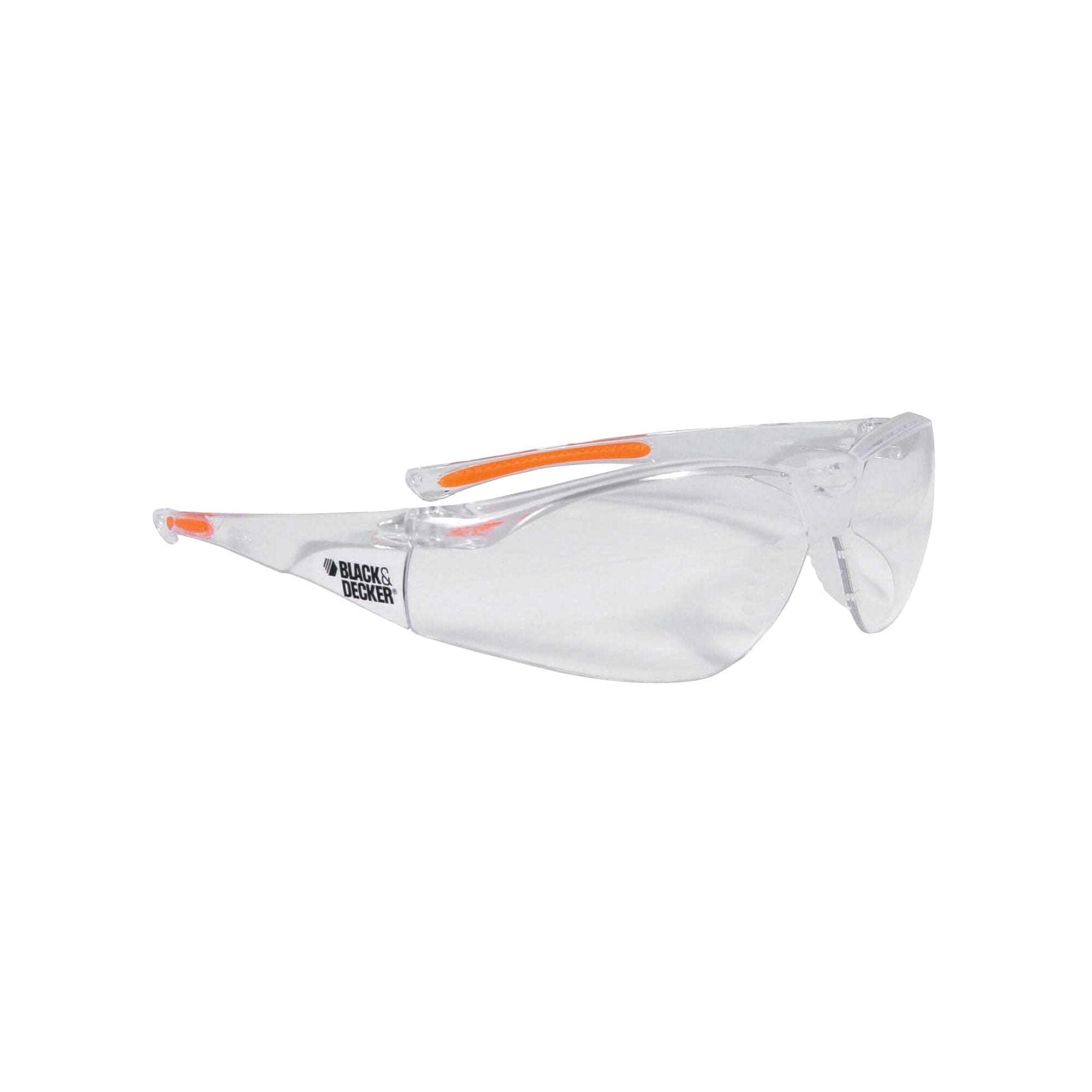 Profile of full wraparound eyewear with rubber temple grips.