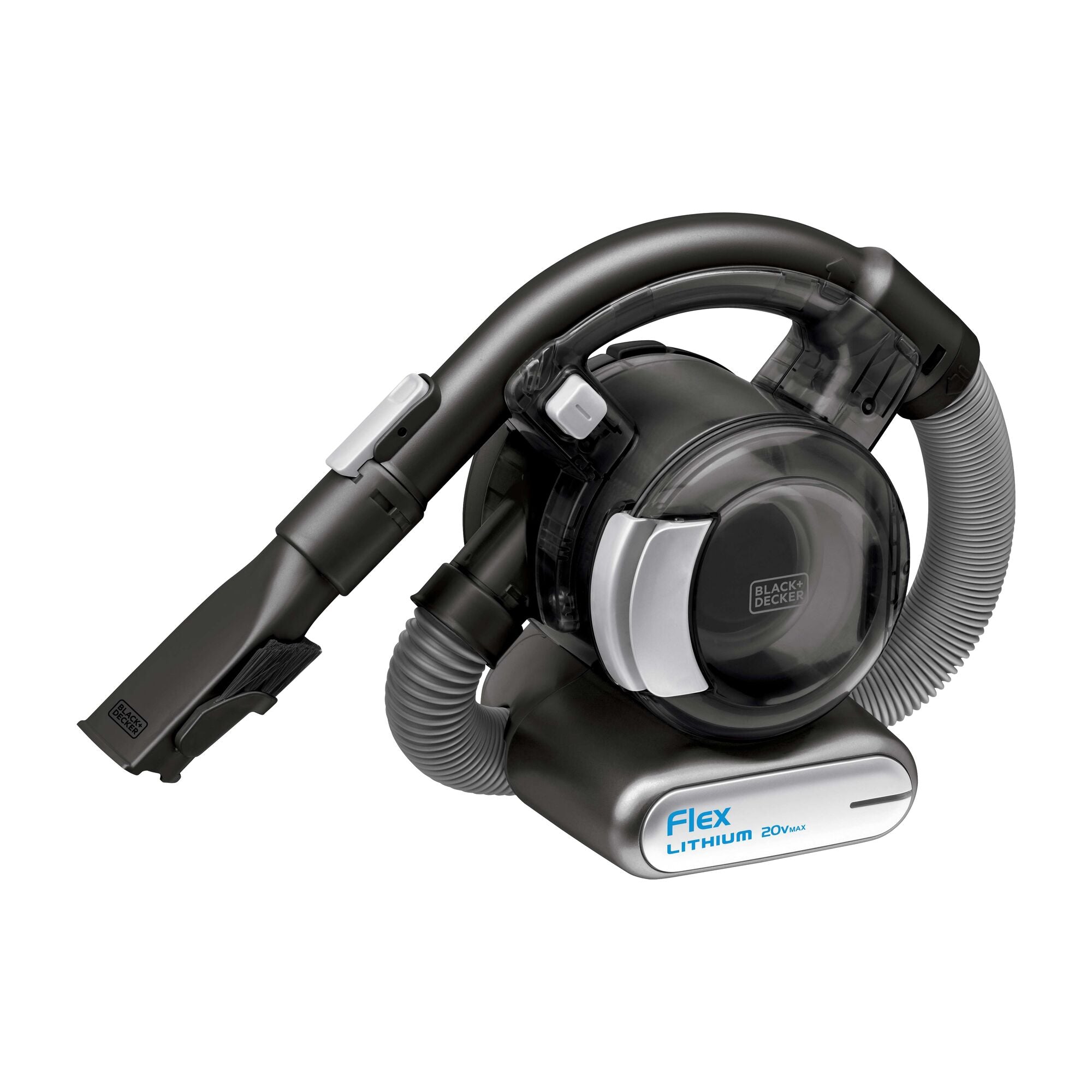 Profile of dustbuster flex cordless hand vacuum with floor head and pet hair brush.