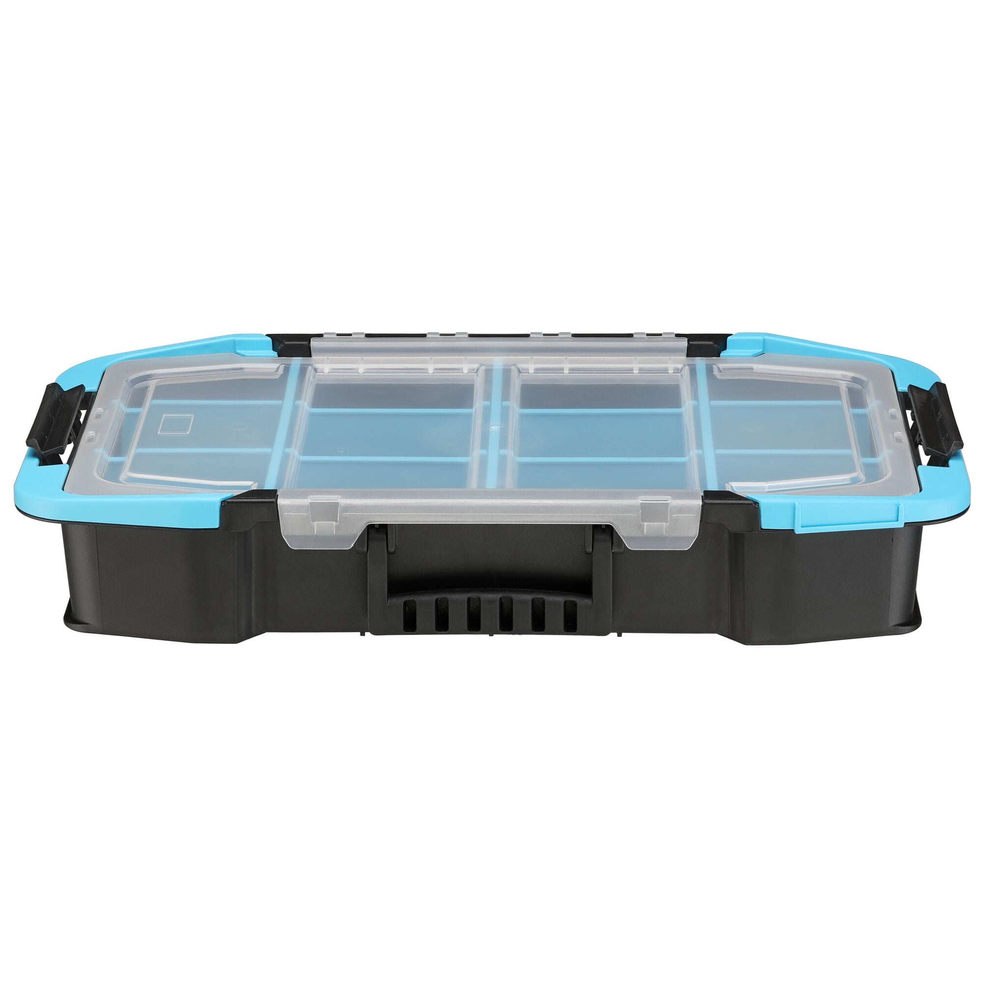 19" stackable storage organizer with clear lid.