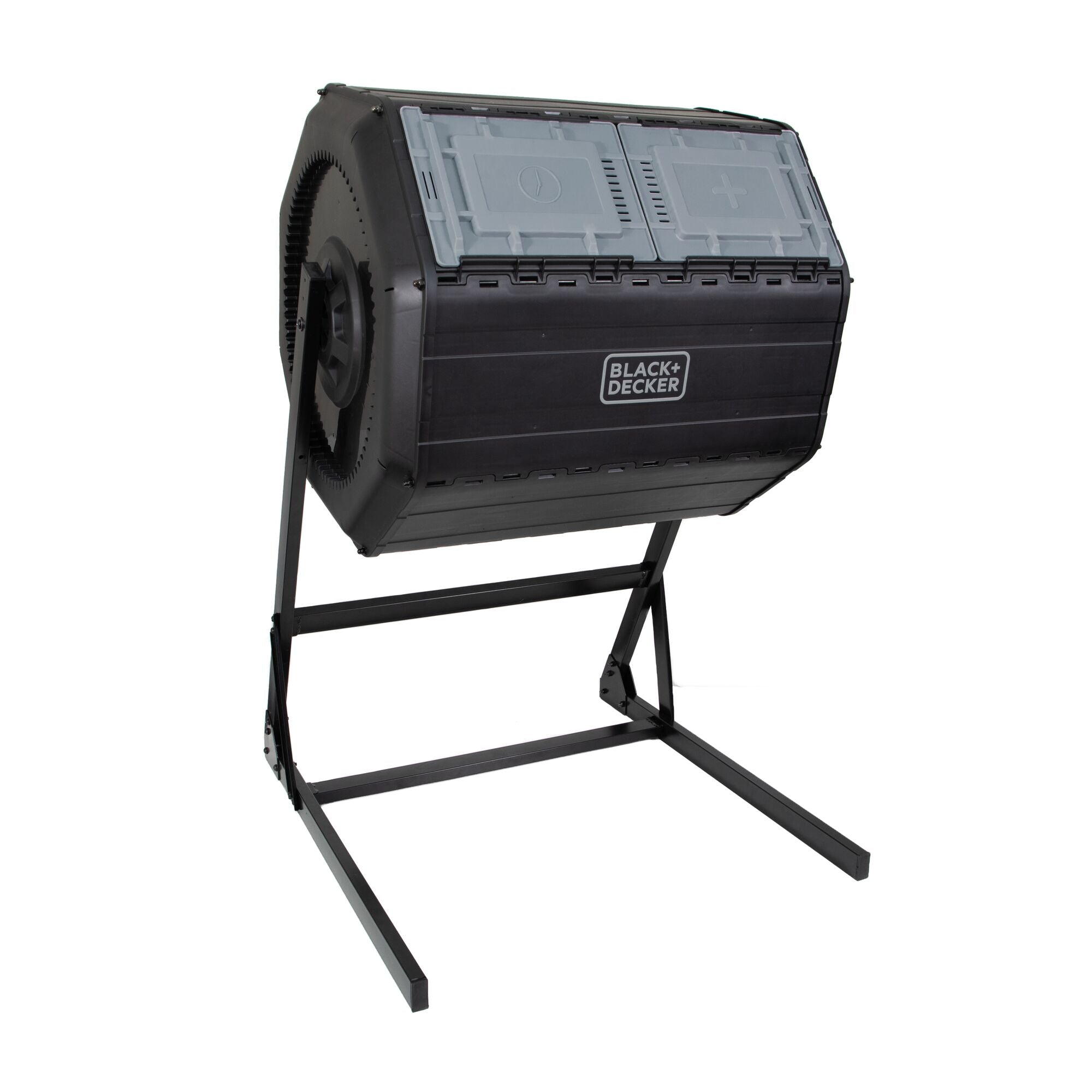 Side view of the Black-and-decker 40 Gallon Dual Chamber Tumbler Composter