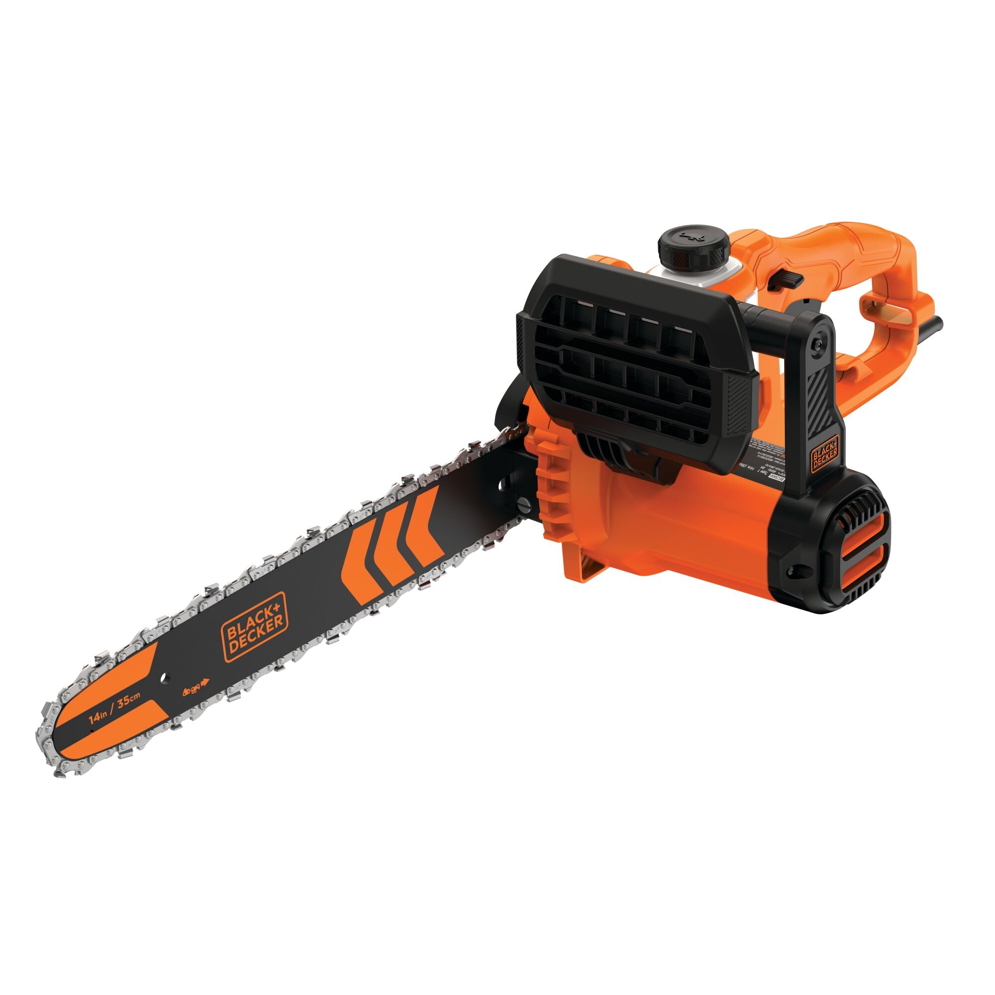 Profile of 8 amp 14 inch electric chainsaw.