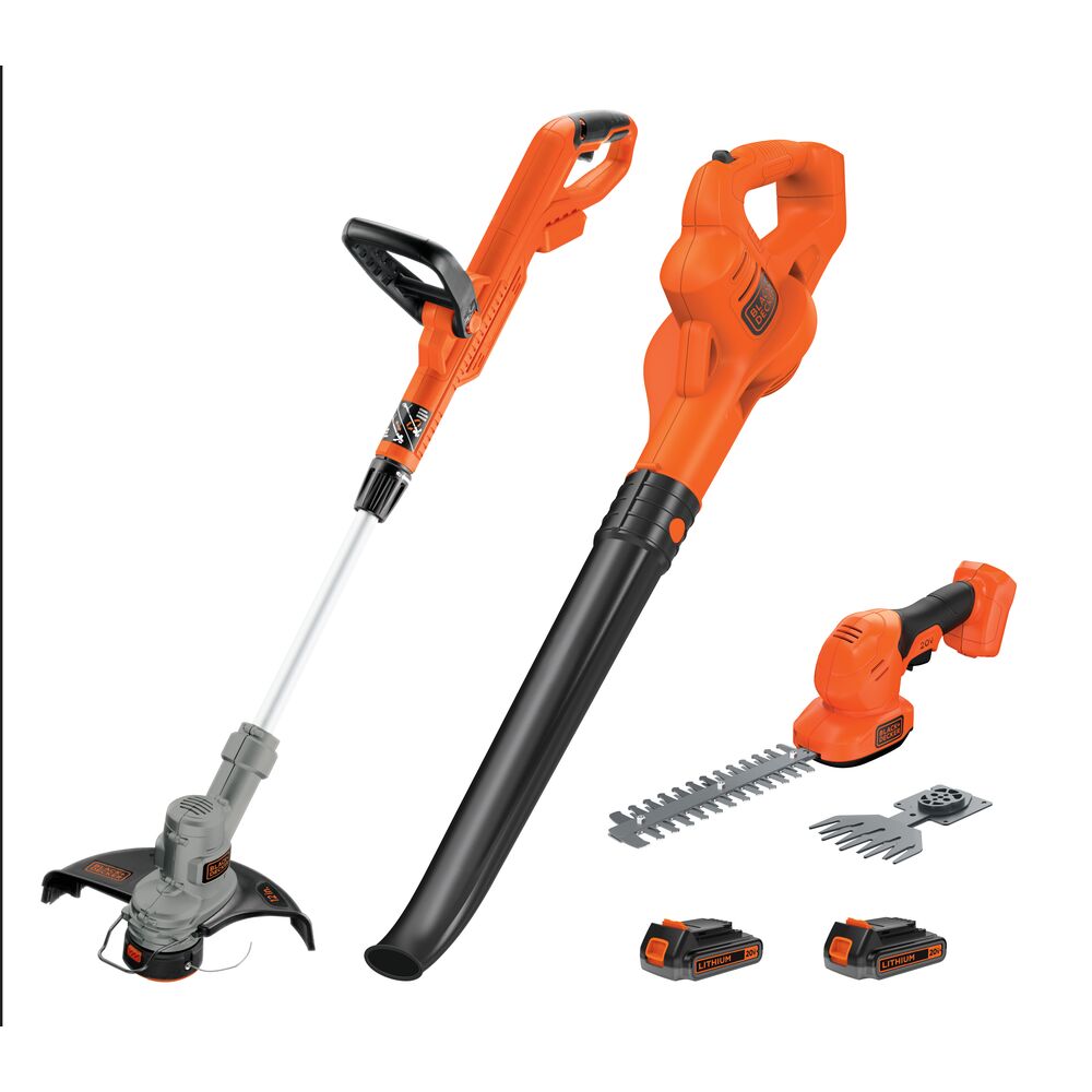 Front view of BCK3789D2 combo kit: Black and Decker 20V MAX* String Trimmer/Edger, Hard Surface Sweeper, and Sheer Shrubber Kit