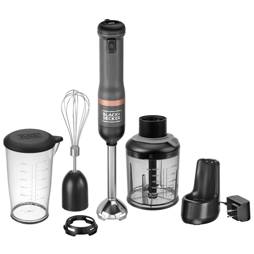 Front view of Black-and-decker kitchen wand 3in1 Cordless Kitchen multi-tool kit in grey featuring immersion blender, whisk and food chopper attachments