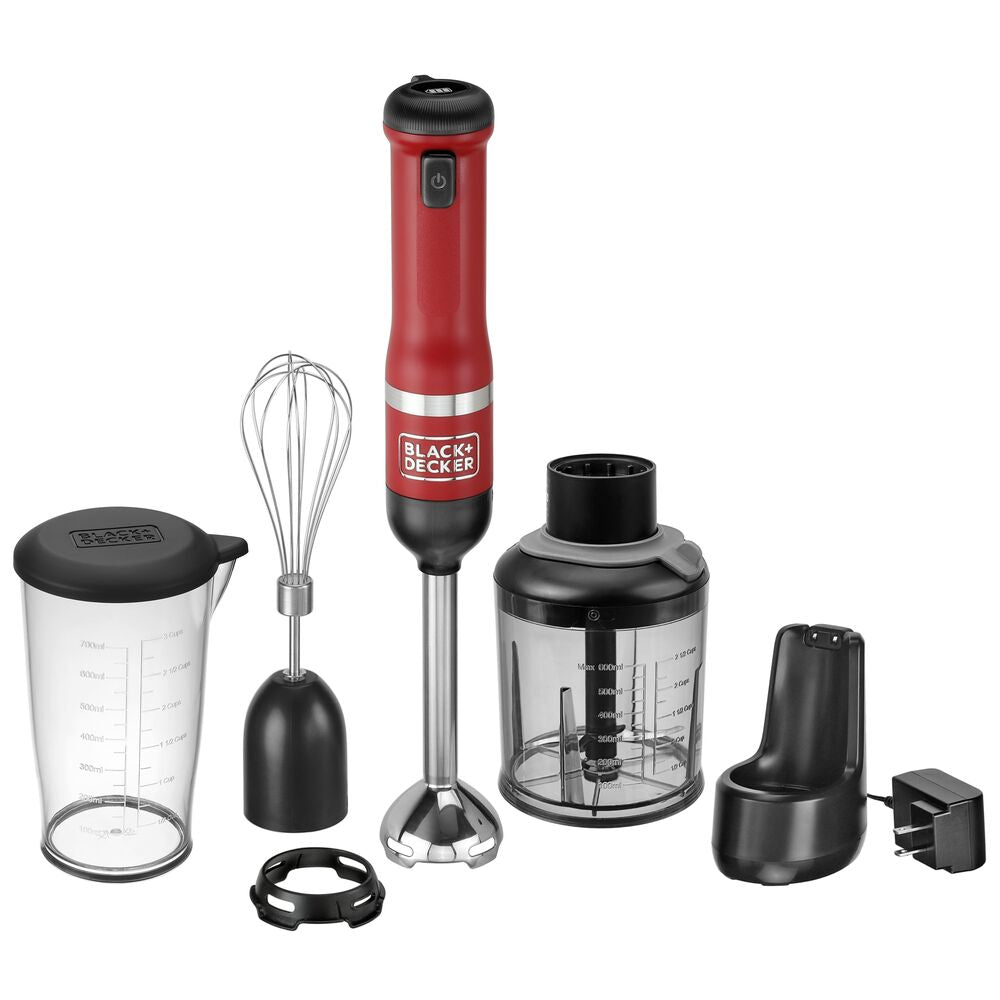 Front view of Black-and-decker kitchen wand 3in1 Cordless Kitchen multi-tool kit in red featuring immersion blender, whisk and food chopper atachments