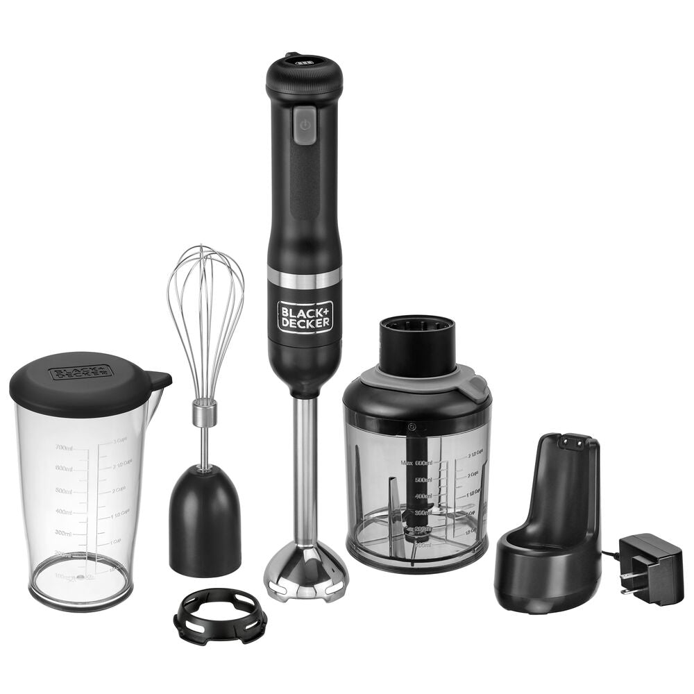 Front view of Black-and-decker kitchen wand 3in1 Cordless Kitchen multi-tool kit in black featuring immersion blender, whisk and food chopper atachments