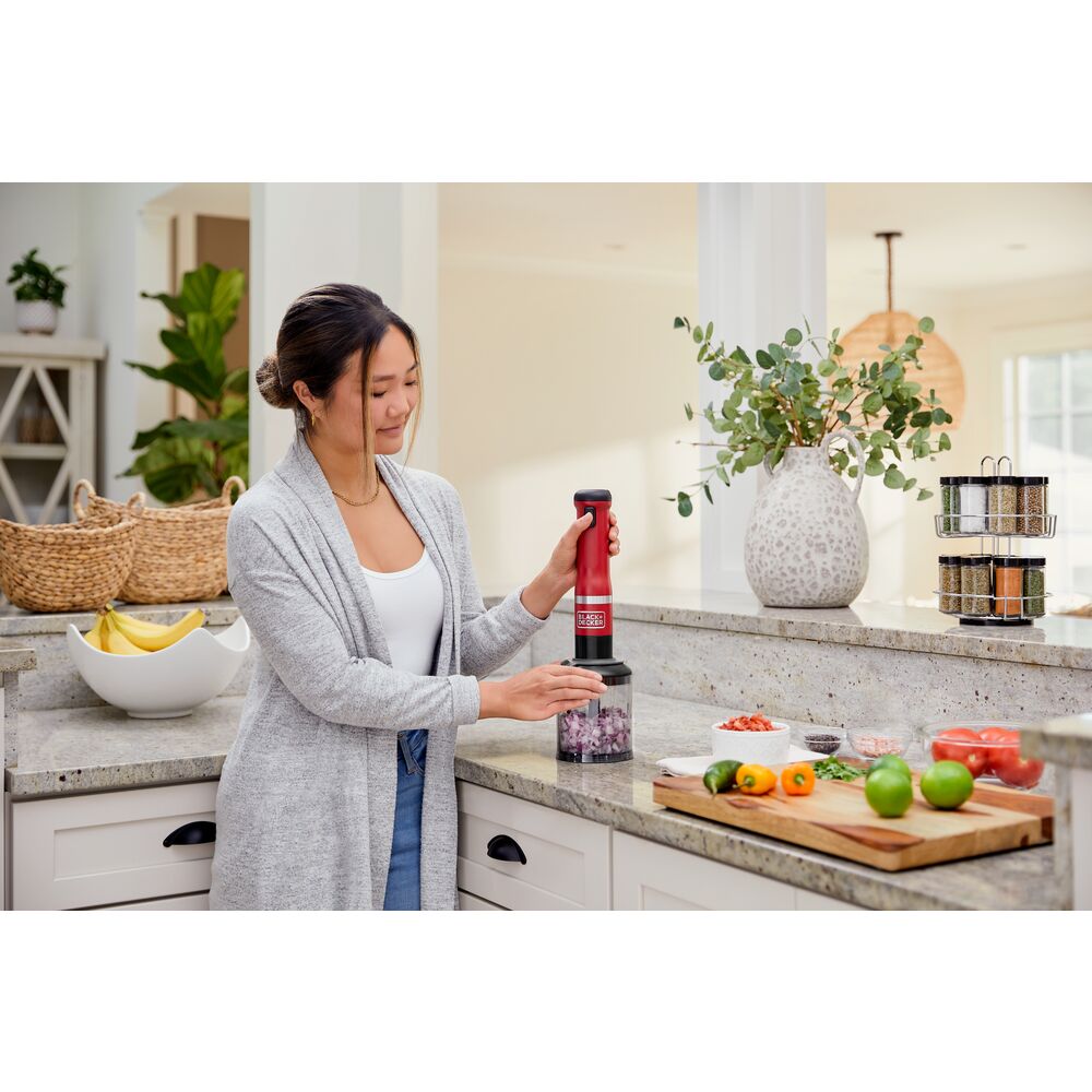 Black-and-decker kitchen wand 3in1 Cordless Kitchen multi-tool kit in red with immersion blender, hand mixer, can opener and food chopper attachments