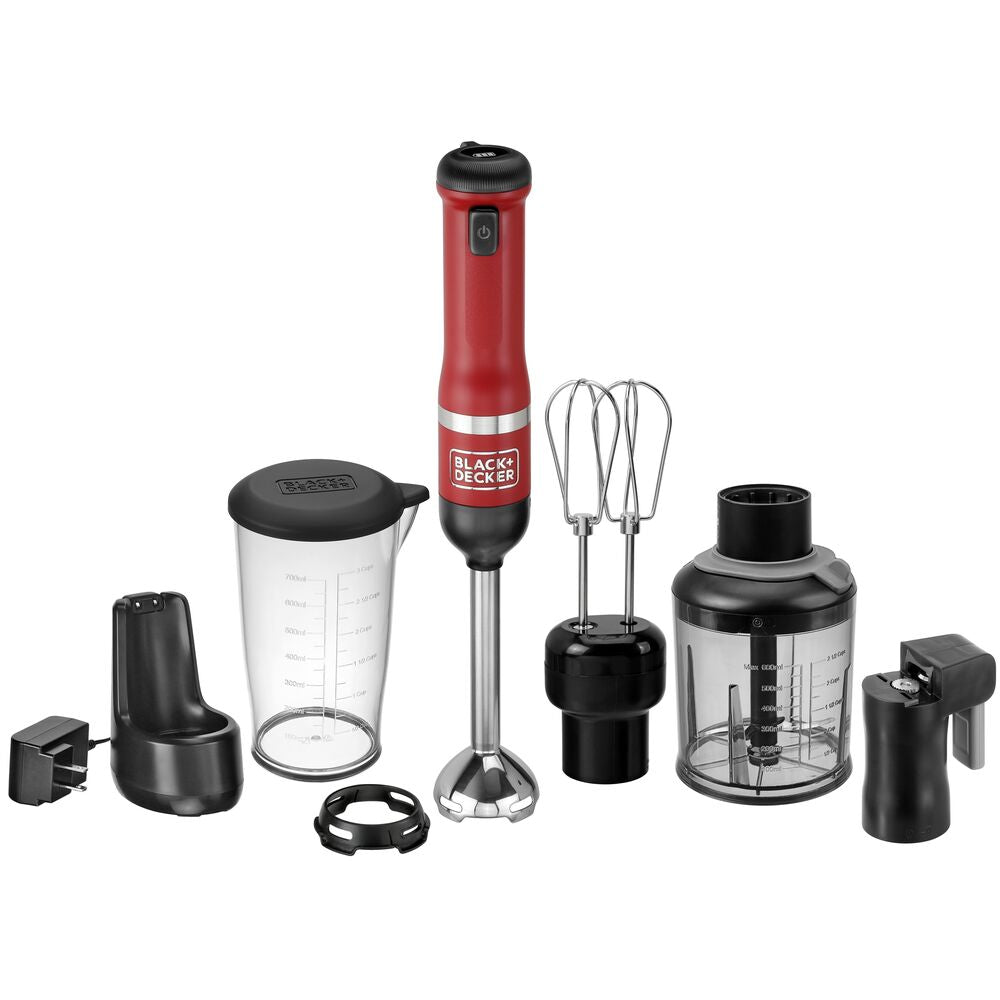 Black-and-decker kitchen wand 3in1 Cordless Kitchen multi-tool kit in red with immersion blender, hand mixer, can opener and food chopper attachments