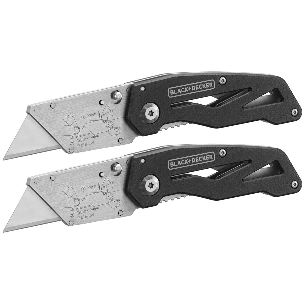 2 Black and decker folding Utility Knives opened up.