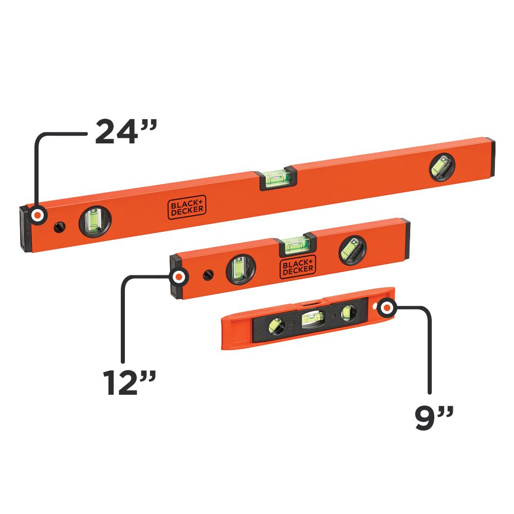 View of Black-and-decker Level Set, 3 Pack, Assorted, 9-inch/12-inch/24-inch on white background