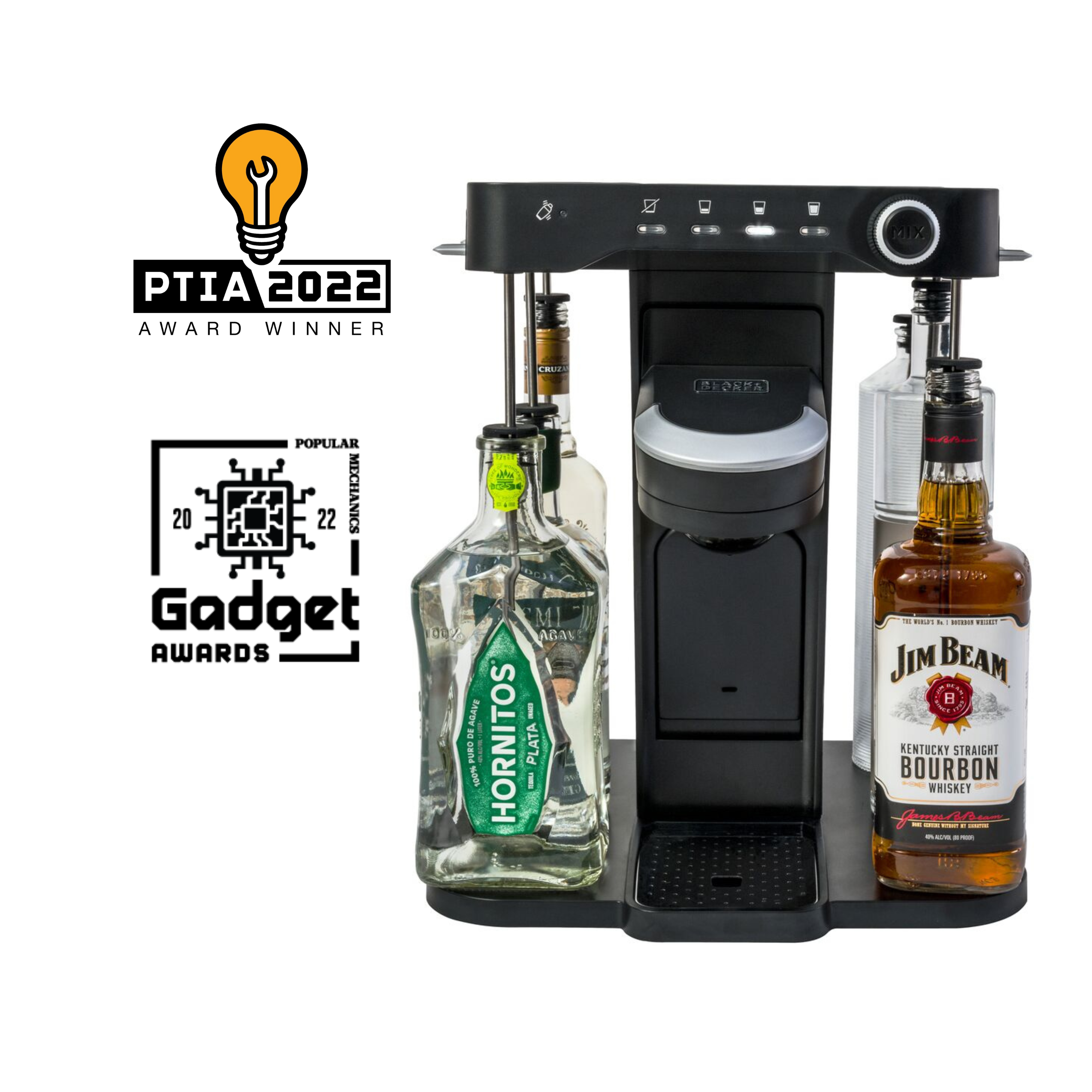 front facing beauty of bev by Black-and-decker(TM) cocktail maker with Jim Beam brand liquor bottles and an old fashioned cocktail