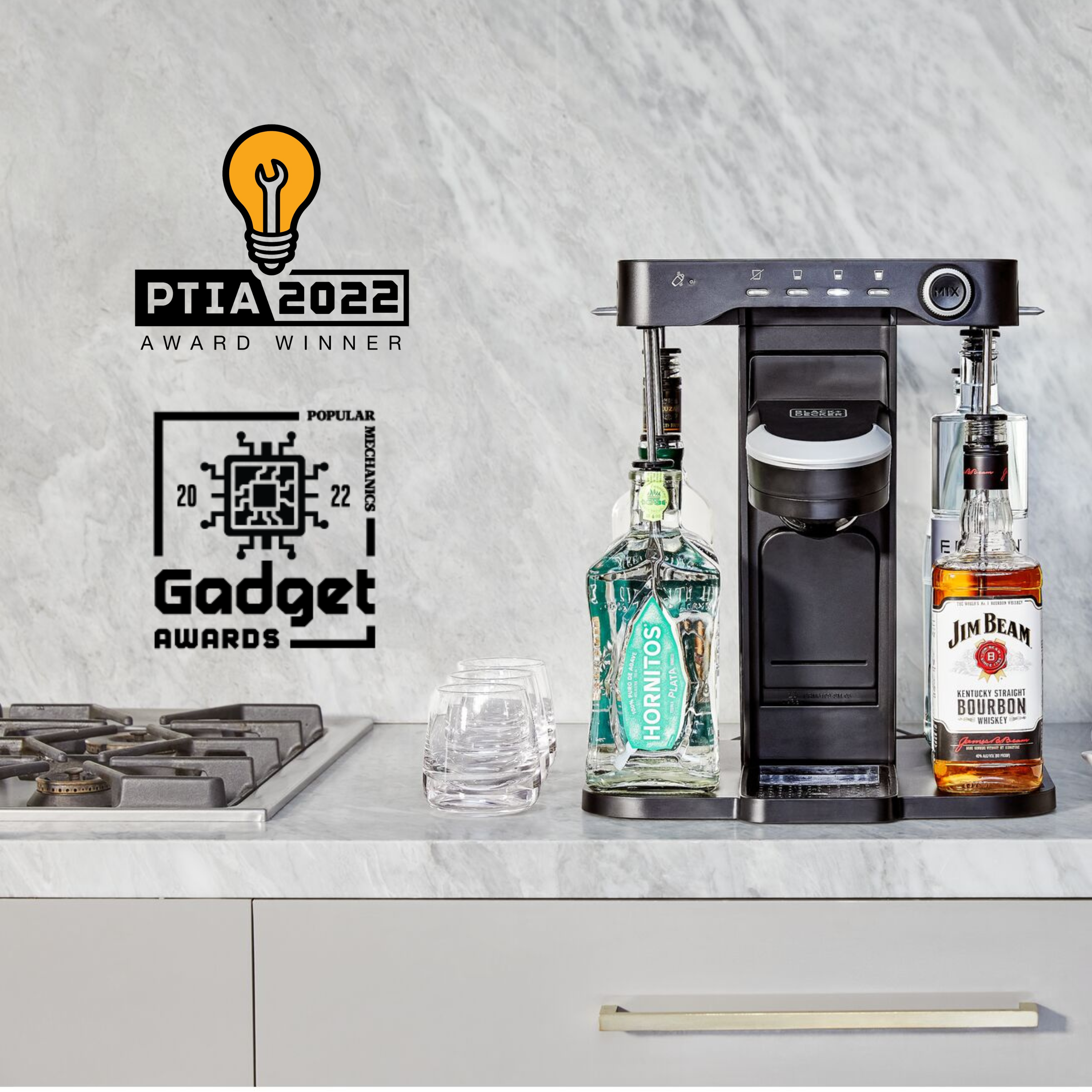 front facing beauty of bev by Black-and-decker(TM) cocktail maker with Jim Beam brand liquor bottles and an old fashioned cocktail