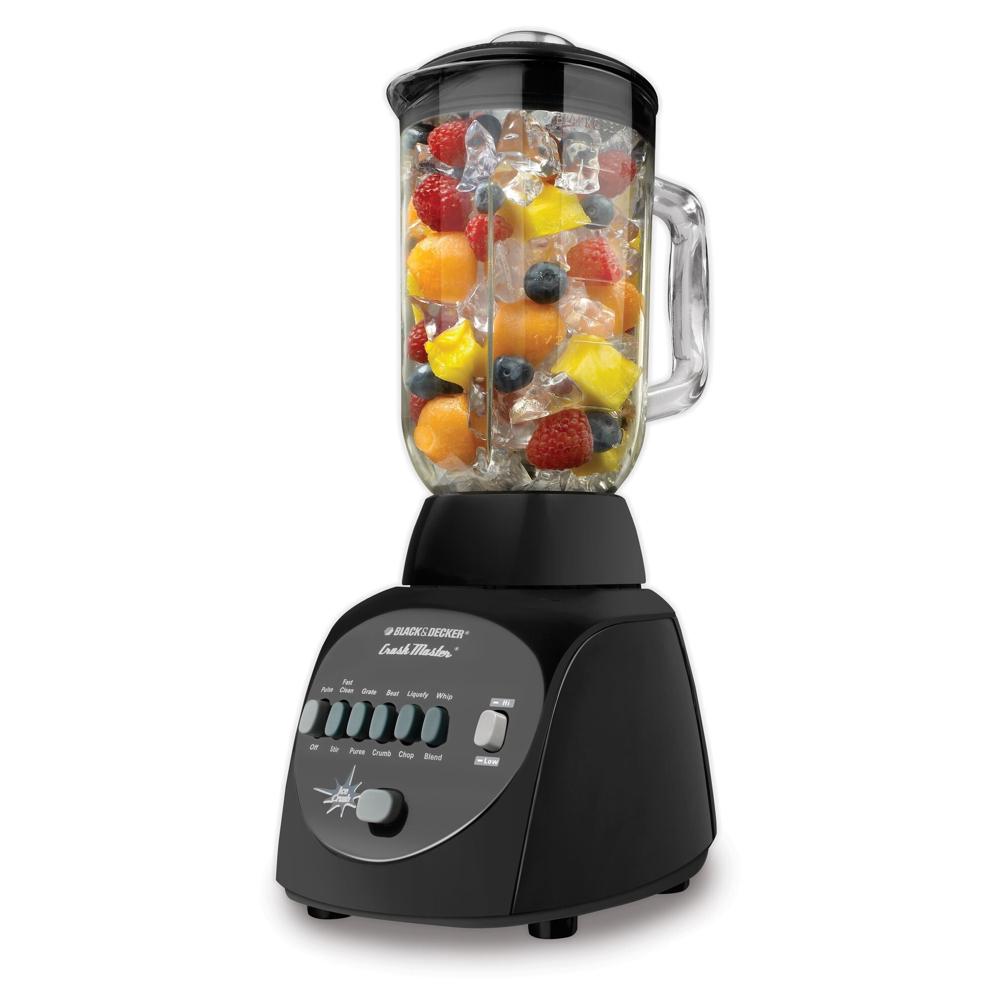 The Black-and-decker® Crush Master 10-Speed Blender with fruit and ice in blender pitcher on white background